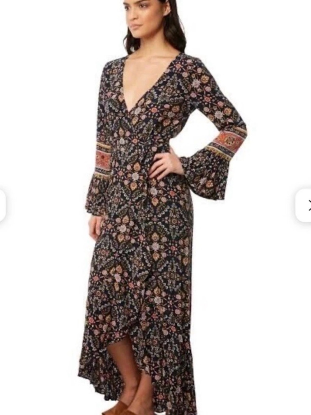 Tigerlily Black Floral Wrap Maxi Dress with Bell Sleeves NWT $240 Retail